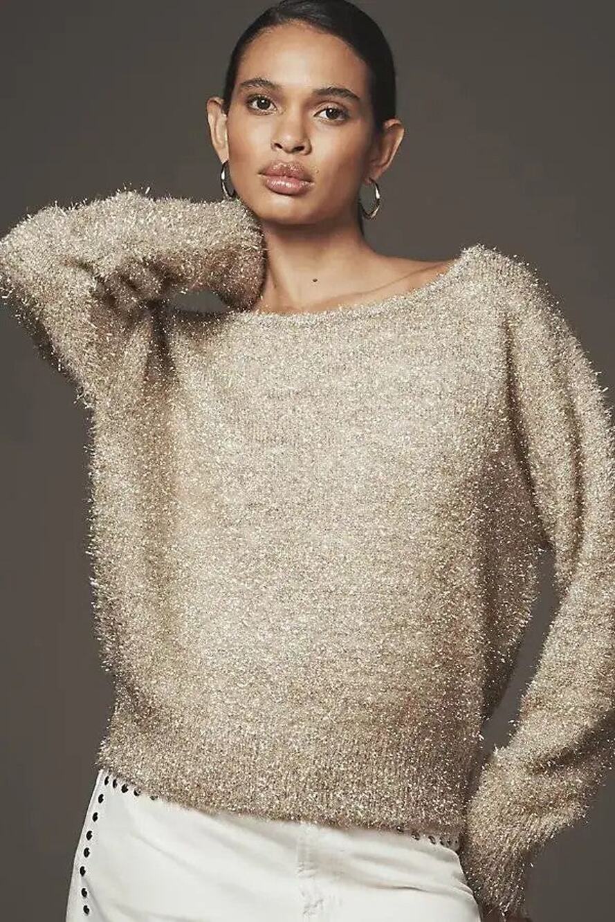Anthropologie Long-Sleeve Boatneck Tinsel Sweater - XL